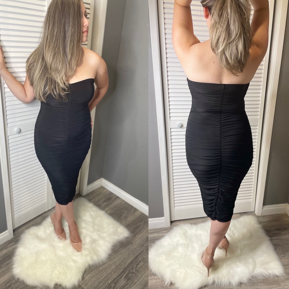 Kimberly- black ruched double layered tube midi dress